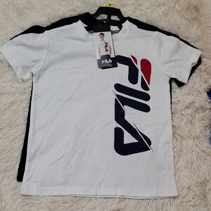 Fila,White and Blue Short Sleeve Tee with Logo, Boys, Size 6 And Size 7